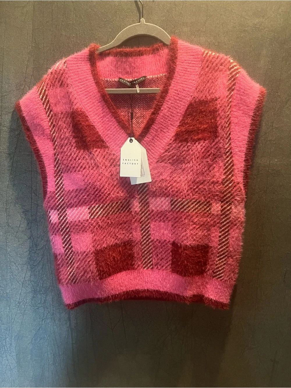 English Factory Pink and Burgundy Plaid V-Neck Sweater Vest/Short Sleeved
